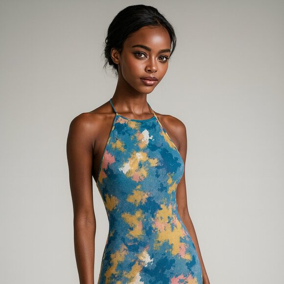 ZARA Multicolor Patterned Bodycon Halter Midi Dress Size 26EU/2USA - Picture 2 of 9